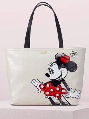 Kate Spade x Disney Story Book Minnie Mouse Cream Tote Bag Large Black Handles